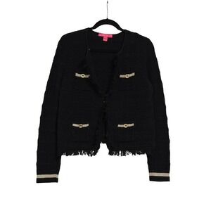 Lilly Pulitzer Beckington Knit Cardigan Jacket Black Gold Fringe Chic Large